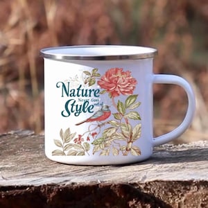 Vintage Floral Bird Mug: Rustic Cottagecore Enamel or Ceramic