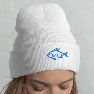 Embroidered Blue Fish Beanie: Cozy Winter Fisherman Hat