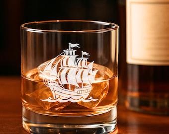 Tall Ship Whiskey Glass: Nautical Bourbon Rocks Glass