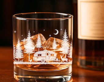 Vintage Camper Whiskey Glass: Forest Scene RV Barware