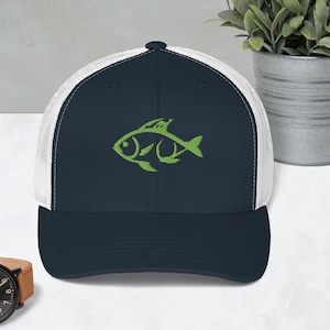 Green Fish Embroidery Trucker Hat: Fishing Dad Gift, Outdoor Cap