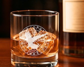 Viking Raven Whiskey Glass: Norse Runes, Odin&#39;s Huginn & Muninn