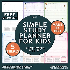Pode incluir: Um download digital de cinco modelos de planejador de estudos imprimíveis para crianças. Os planejadores são projetados em um estilo simples e minimalista com vários temas, incluindo espaço, vida marinha, vida selvagem, boho e girly. Os planejadores medem 8,5 polegadas por 11 polegadas e estão disponíveis nos formatos PDF e PNG.