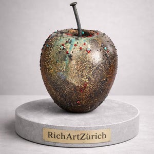 Könnte beinhalten: Eine strukturierte Apfelskulptur mit Nagel, auf einem Betonsockel. Der Apfel hat eine Mischung aus braunen, goldenen und grünen Farben mit roten und schwarzen Details. Ein goldenes Namensschild auf dem Sockel trägt die Aufschrift "RichArtZürich".