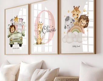 Personalized Baby Girl Jungle Prints: Safari Nursery Decor (Digital Download Set of 3