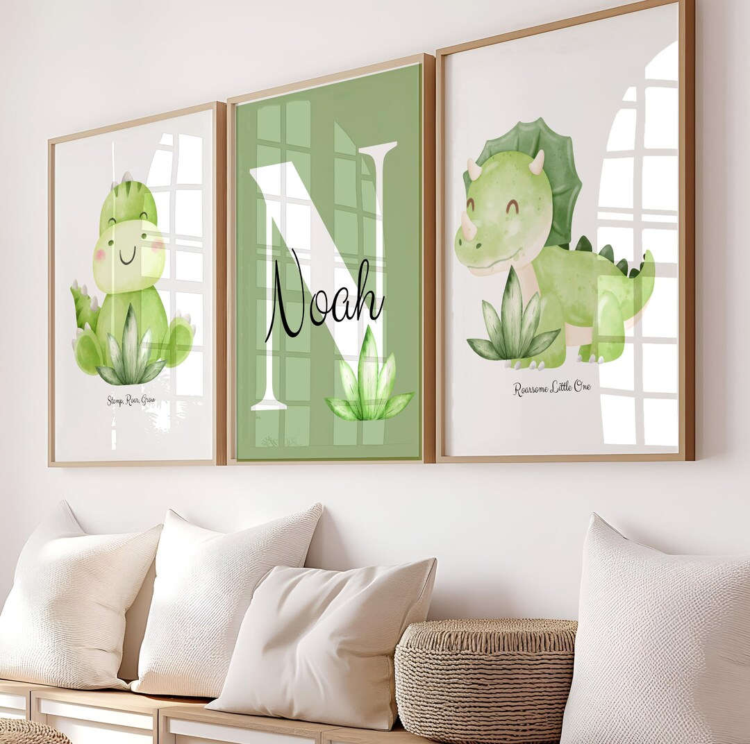 Personalised Dinosaur Nursery Prints - Set of 3 - Green Dino Wall Art ...