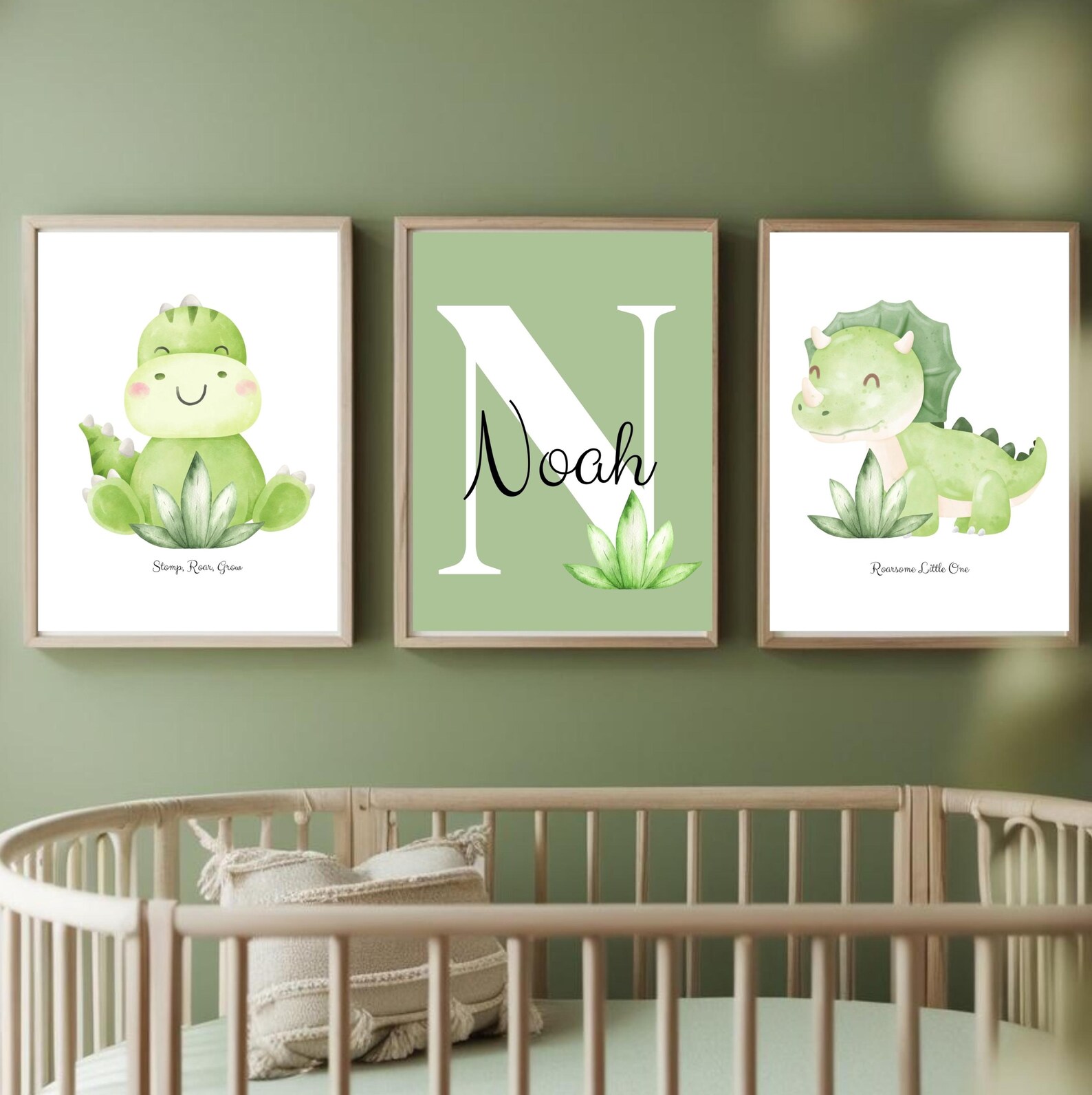 Personalised Dinosaur Nursery Prints - Set of 3 - Green Dino Wall Art ...