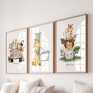 Personalised Jungle Safari Nursery Prints - Set of 3 Baby Animal Wall Art - Custom Name & Initial - Digital Download