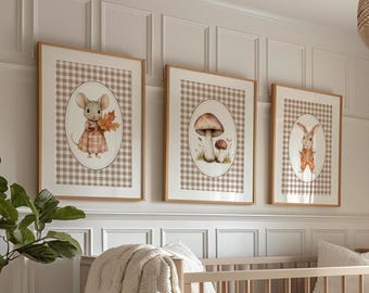 Woodland Nursery Prints, Neutral Baby Decor, Unisex Gingham Animal Wall art, Digital Download