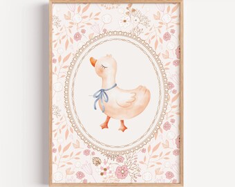 Impressão de berçário de ganso vintage - Arte floral para quarto de bebê - Decoração de parede de animais boho - Download digital