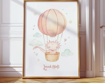 Axolotl Nursery Wall Art Hot Air Balloon Print Pastel Nursery Decor Digital Download