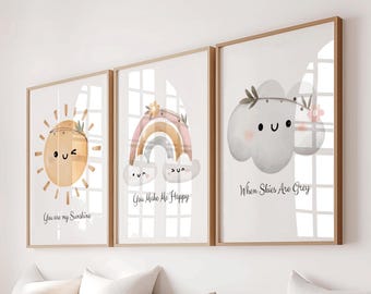 Pastel Rainbow Nursery Print Set: Sun, Cloud, Boho Wall Art (digital ...