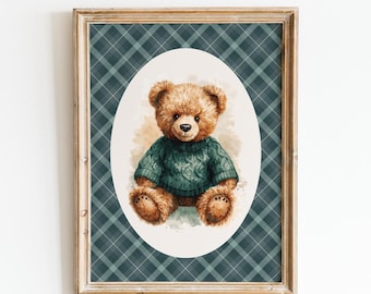 Vintage Teddy Bear Nursery Print – Green Plaid, Preppy Decor (Instant Download)