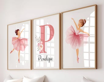 Personalized Ballerina Nursery Print Set: Pink Ballet Initial Art (Digital Download)