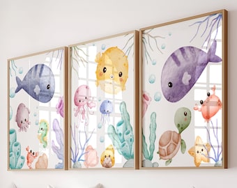 Aquarelles d'animaux marins : Illustrations pour chambre d'enfant sur le thème sous-marin (Lot de 3) (Téléchargement numérique)