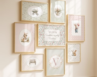 May include: A collection of framed art prints with a whimsical, pastel theme. The prints feature illustrations of bunnies, floral arrangements, and the text "You are my Sunshine, my only Sunshine." The frames have a gold finish.