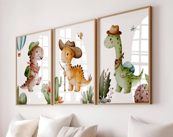 Impresiones de dinosaurios en acuarela: Arte infantil de dinosaurio vaquero (Descarga digital)
