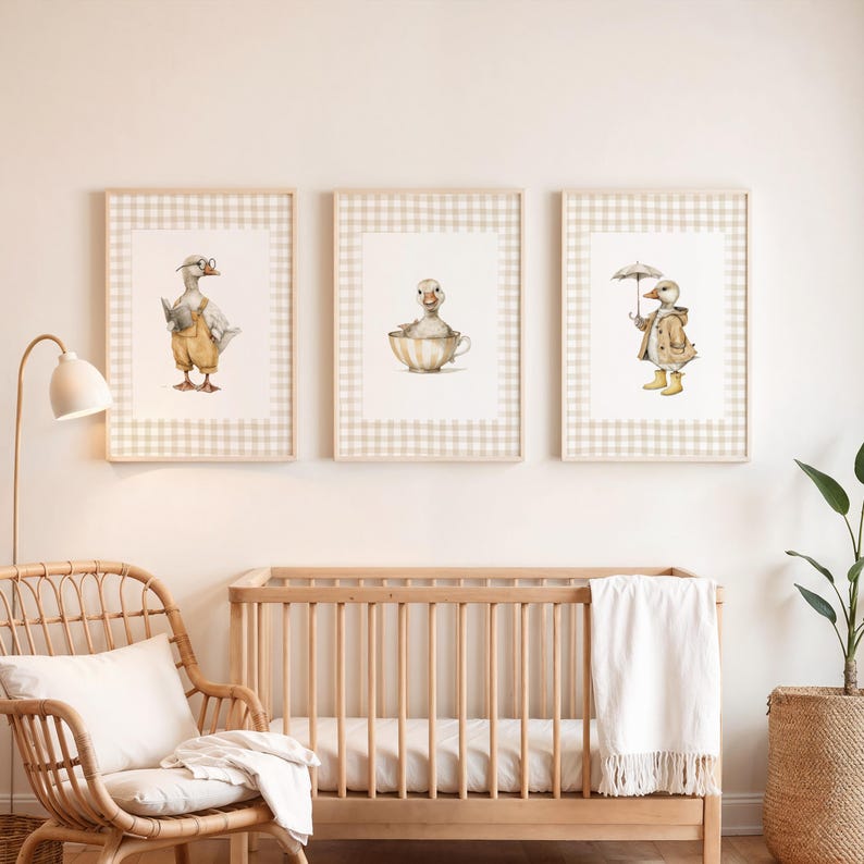 Neutral Nursery Prints Vintage Duck Wall Art Gingham Border Unisex ...