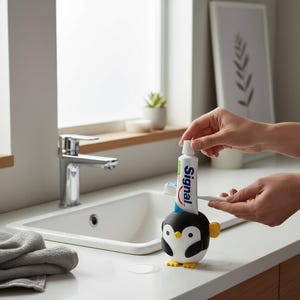 Può includere: Un dispenser di dentifricio a forma di pinguino nero, bianco e giallo. Un tubetto di dentifricio Signal è inserito nel dispenser. Il dispenser è su un piano di lavoro bianco vicino a un lavandino.