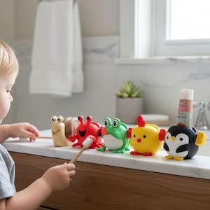 Puede incluir: Un niño observa una fila de coloridos porta cepillos de dientes con forma de animales. Incluyen un caracol, un cangrejo, una rana, un pollito y un pingüino. También se ve un tubo de pasta de dientes.