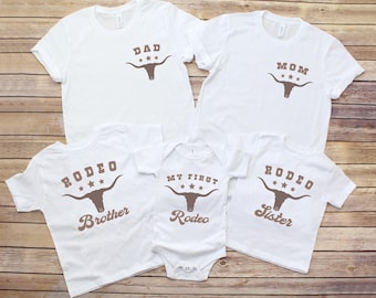 My First Rodeo Birthday Family Matching Shirt, 1st Rodeo Western Farm Theme Birthday Party Tshirt, Cowboy Cowgirl Bday Outfit Mama Daddy Tee