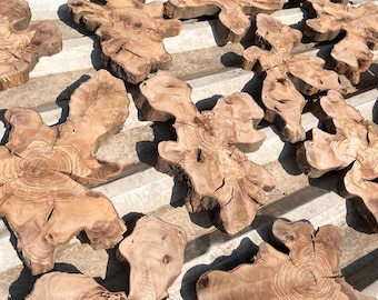 Può includere: Una collezione di fette di legno non rifinite, di forma irregolare e con bordi naturali. Il legno è di colore marrone chiaro con venature più scure e crepe visibili. I pezzi sono disposti all'aperto, catturando la luce del sole, pronti per l'artigianato o la decorazione.