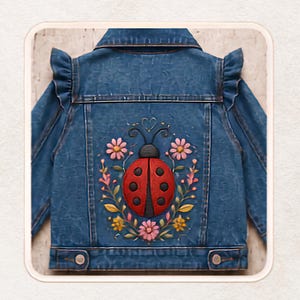 Puede incluir: Una chaqueta de mezclilla azul con una mariquita roja grande de puntos negros en la parte posterior. La mariquita está rodeada por una corona floral colorida con hojas rosas, amarillas y verdes. La chaqueta tiene volantes en los hombros.