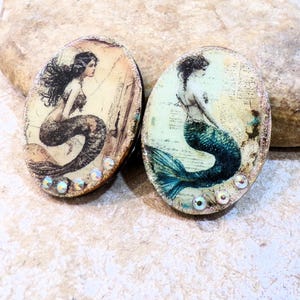 sirène, cabochon bois illustré de 5cm, fournitures artisanales pour scrap ou bijou ou pour décoration boite, fait main