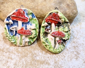 mushrooms, pendant for jewelry creation or box decoration, handmade ceramic, red blue green