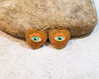 look, eyes, eye, sacred heart, 2 charms for loop assembly, hippie boho chic, original fantasy charm, hand painted, orange