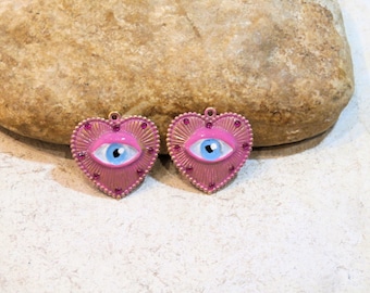 look, eyes, eye, sacred heart, 2 charms for mounting loops, hippie boho chic, original fantasy charm, hand painted, pink