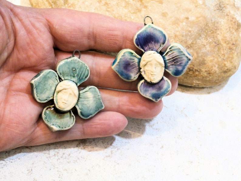 handmade supply pendant for necklace ooak blue pendant french art nouveau young girl in the middle of a flower