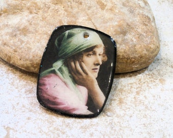 vintage melamine pendant for jewelry mounting, scrapbooking, card making, portrait of a retro woman, pink green