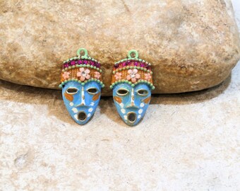 African masks, 2 charms for loop assembly, hand-painted patina, costume jewelry craft supplies, blue