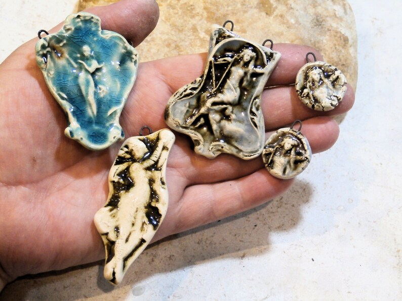 pendant for necklace DIY goddess in beige art nouveau goddess ghost pendant ooak handmade ceramic supply spring ooak component