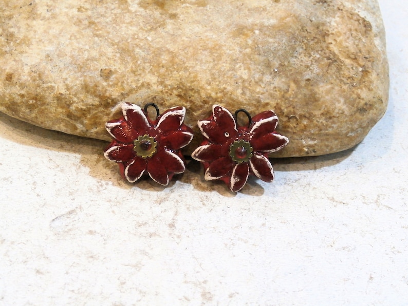 flowers ooak components red or black daisy flowers 2 charms for earrings ooak handmade ceramic supply