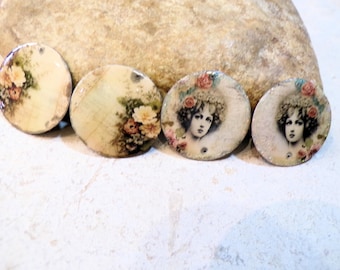 flowers or portrait, retro vintage, 2 round charms, medals, pieces for creating retro earrings or necklace, charms, beige