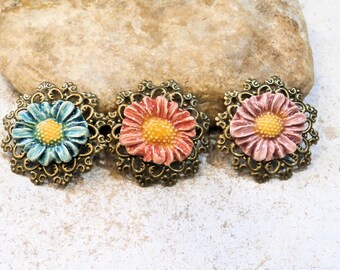 gerbera daisy flower, brass and ceramic handmade flower pendant, romantic boho, jewelry, necklace or bracelet supplies