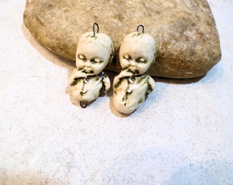 doll head, porcelain doll style, 2 hook connector or pendant, handmade ceramic, jewelry assembly supplies, beige