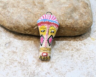 primitive tribal witch pendant, boho, African style, ethnic, voudoo, African totem, artisanal ceramic, hand painted