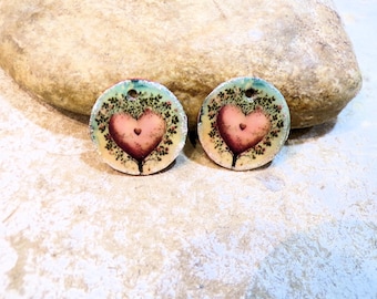 heart tree, 2 round charms, aluminum medals, pieces for creating earrings or necklaces, blue pink
