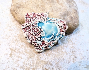 romantic baroque flowered heart pendant, for jewelry creation, handmade ceramic supply, Valentine&#39;s Day birthday, raspberry and blue