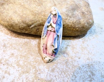 Virgin Mary, cabochon for mosaic or travel altar box decoration, handmade ceramic, pink blue beige
