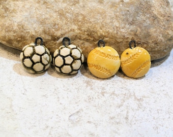 football ball, 2 charms for mounting earrings or men's necklace, handcrafted ceramic, sporty, summer