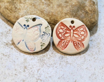 butterfly ceramic pendant, blue or orange, romantic rustic boho, artisan ceramics, costume jewelry supplies, spring