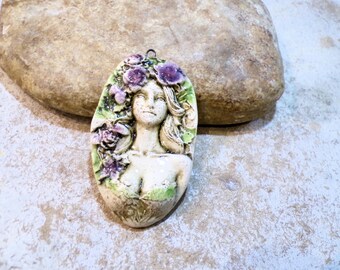 XXL pendant altered art nouveau portrait of woman goddess nymph, handmade ceramic, romantic, supplies, beige green pink