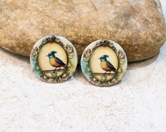 romantic birds, 2 round charms medals for creating earrings, Victorian baroque, beige blue