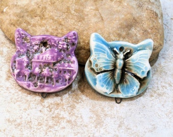 butterfly or village, head cat pendant connectgor, ooak handmade ceramic clay supply for DIY jewelry, baroque boho cat, violet or blue