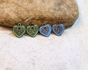 heart, 4 pendant charms for mounting in earrings or necklaces, hippie boho chic, hand-painted fantasy charm, blue green