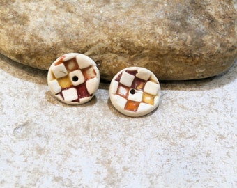 perles doonuts cuvette coupelles, géométrie quadrillages, beige orange rouge, pour boucles d'oreilles, céramique artisanale, fournitures